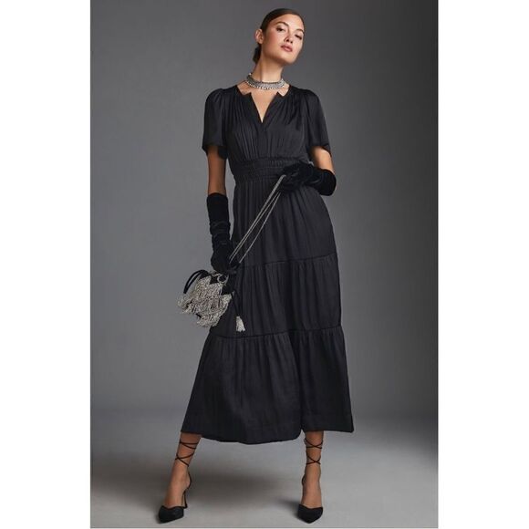NEW Anthropologie Black Somerset Smocked Waist V-Neck Tiered Maxi Dress XX-Small - Picture 1 of 9